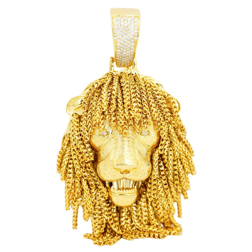 3D 10k Yellow Lion Head with Diamond Eyes and Franco Chain Mane Detailing Pendant 3.0" X 1.5" - Johnny Dang & Co