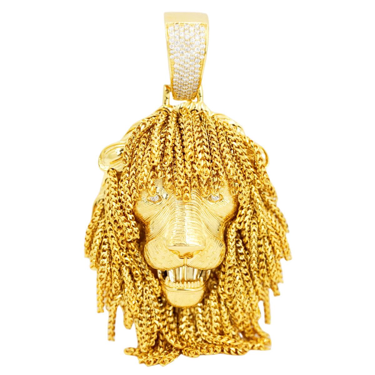 3D 10k Yellow Lion Head with Diamond Eyes and Franco Chain Mane Detailing Pendant 3.0" X 1.5" - Johnny Dang & Co