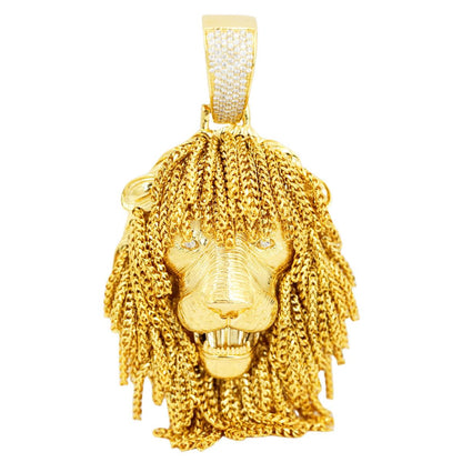 3D 10k Yellow Lion Head with Diamond Eyes and Franco Chain Mane Detailing Pendant 3.0" X 1.5" - Johnny Dang & Co
