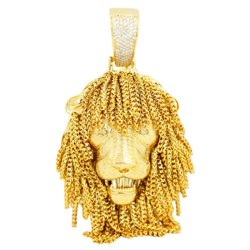 3D 10k Yellow Lion Head with Diamond Eyes and Franco Chain Mane Detailing Pendant 3.0" X 1.5"