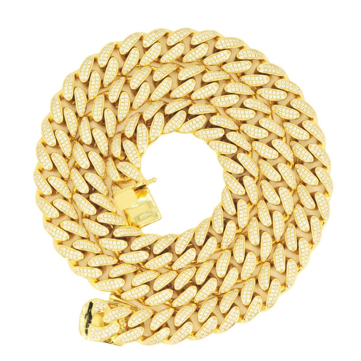 12mm Silver and CZ Solid Cuban Chain 22” - Gold Plated