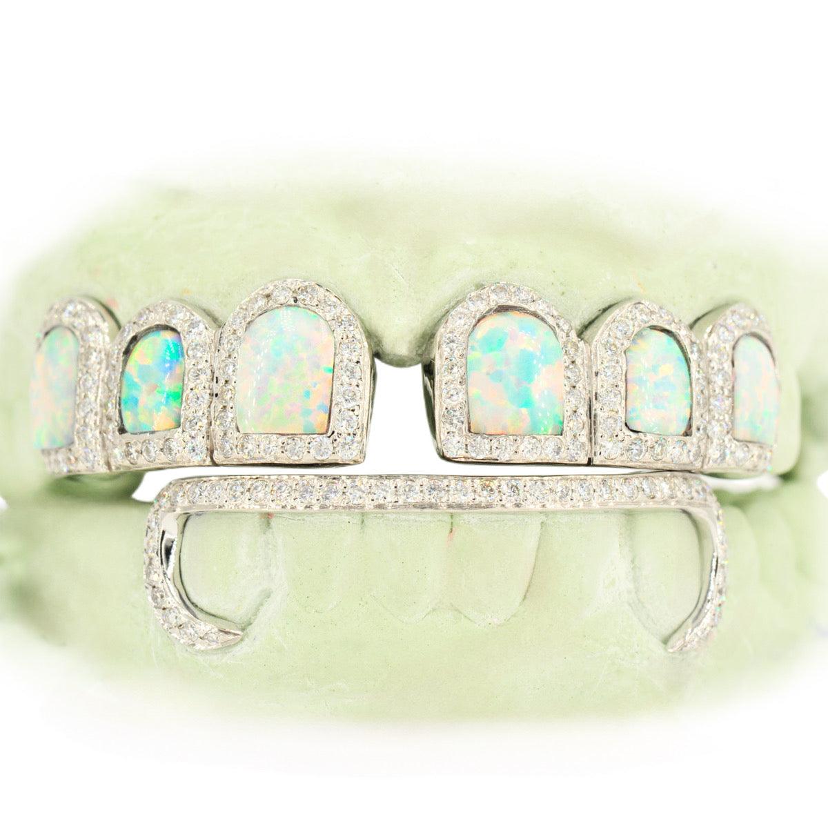 6 Top and 6 Bottom Opal & Diamond Prong Setting with Extended Diamond Bar Grillz - Johnny Dang & Co