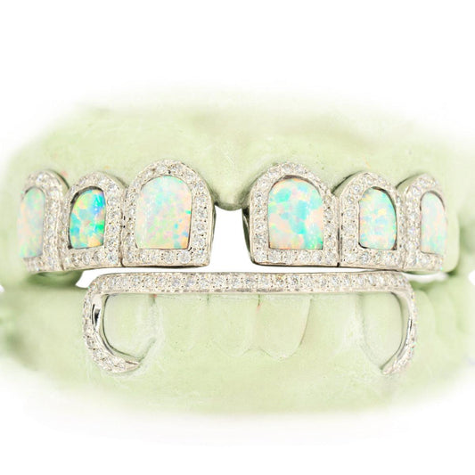 6 Top and 6 Bottom Opal & Diamond Prong Setting with Extended Diamond Bar Grillz - Johnny Dang & Co