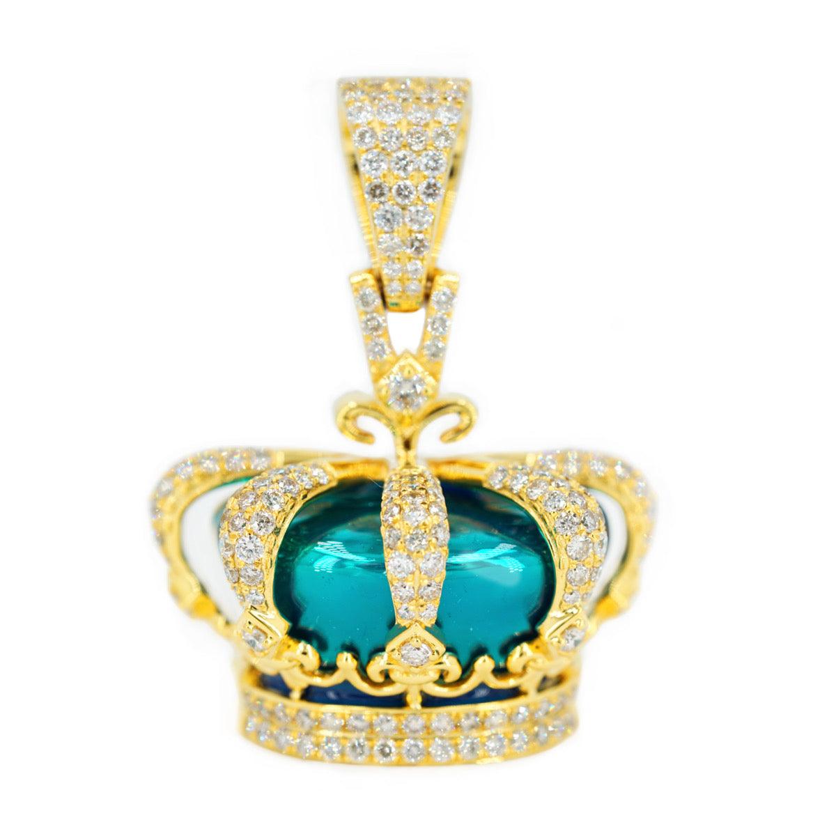 10k Large 2.85CTW Diamonds and Pearly Blue Green Enamel 3D Crown Pendant - Johnny Dang & Co