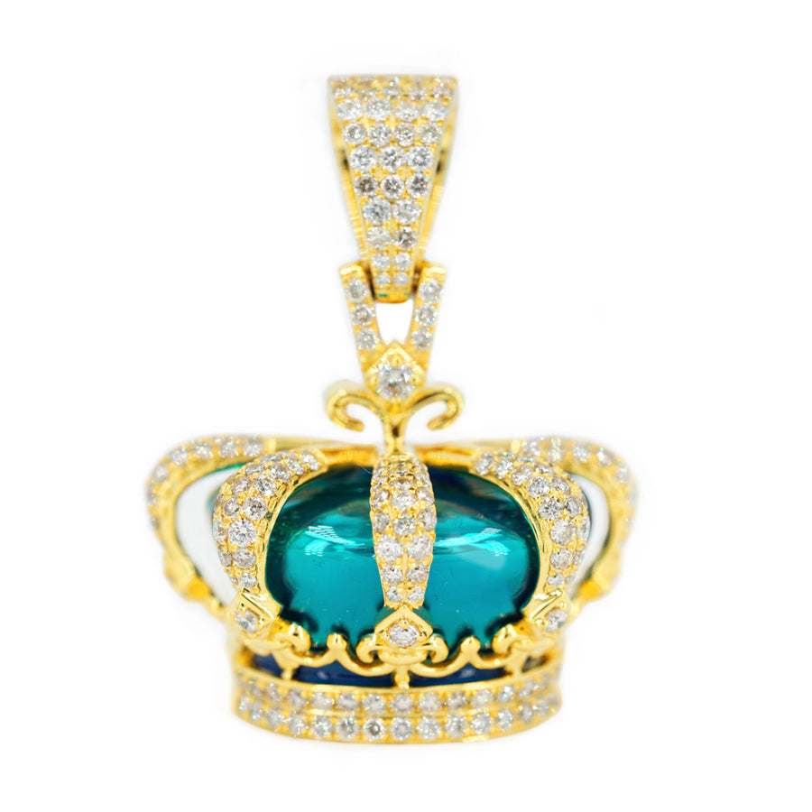 10k Large 2.85CTW Diamonds and  Pearly Blue Green Enamel 3D Crown Pendant
