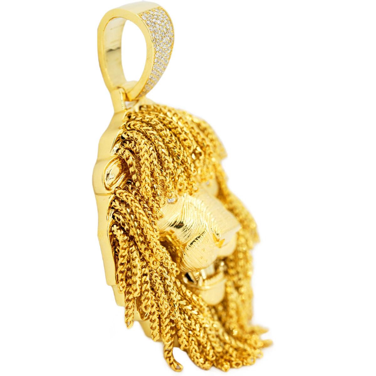 3D 10k Yellow Lion Head with Diamond Eyes and Franco Chain Mane Detailing Pendant 3.0" X 1.5" - Johnny Dang & Co