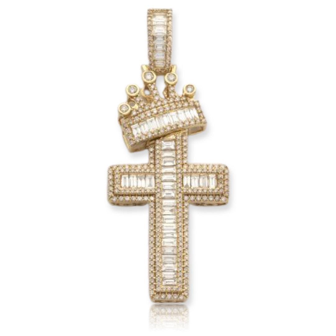 14KY 4.00CTW BAGUETTE DIAMOND CROSS W/CROWN - Johnny Dang & Co