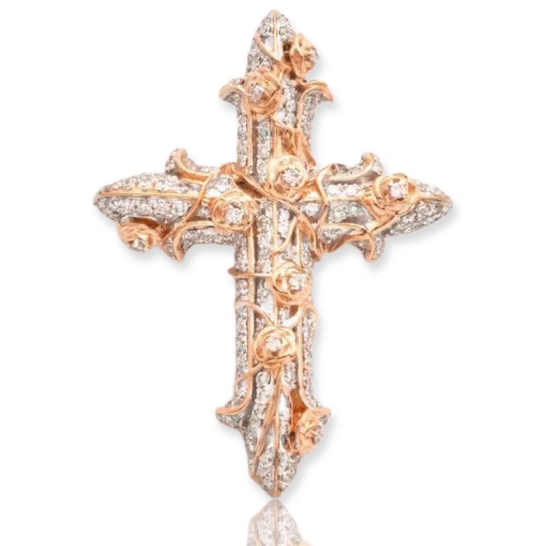 14KW+R 1.20CTW DIAMOND CROSS WITH ROSES - Johnny Dang & Co