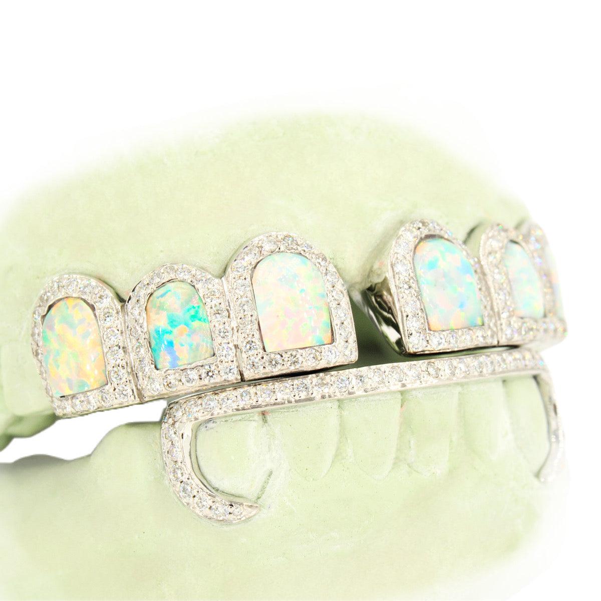 6 Top and 6 Bottom Opal & Diamond Prong Setting with Extended Diamond Bar Grillz - Johnny Dang & Co