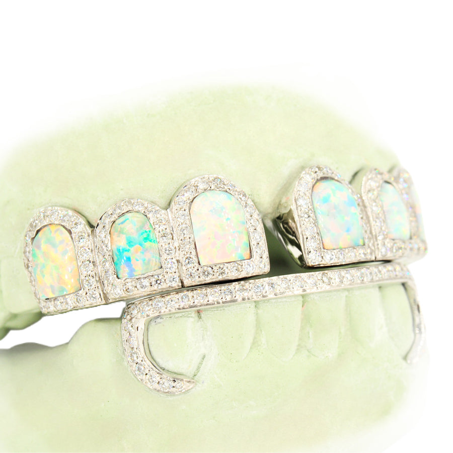 6 Top and 6 Bottom Opal & Diamond Prong Setting with Extended Diamond Bar Grillz