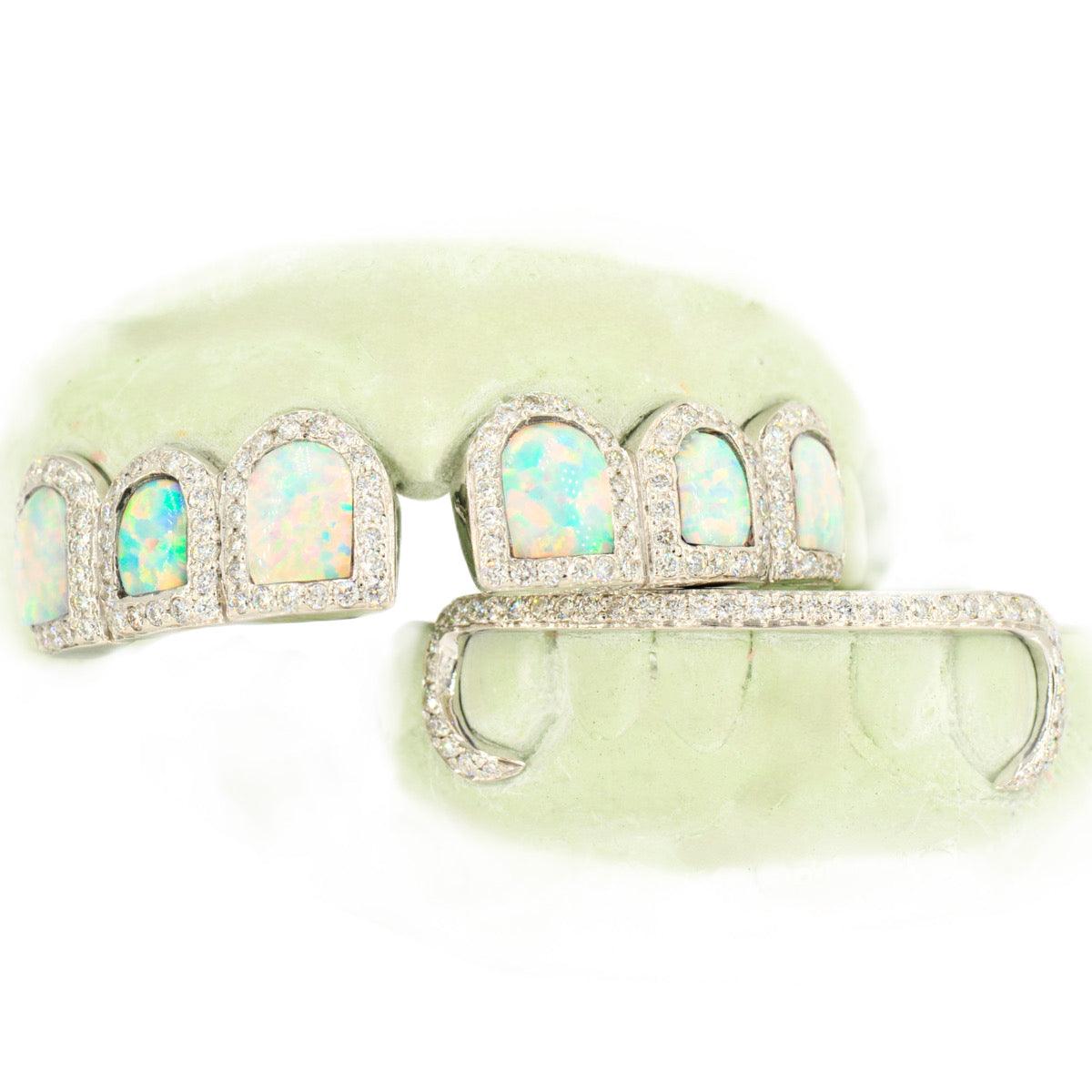 6 Top and 6 Bottom Opal & Diamond Prong Setting with Extended Diamond Bar Grillz - Johnny Dang & Co