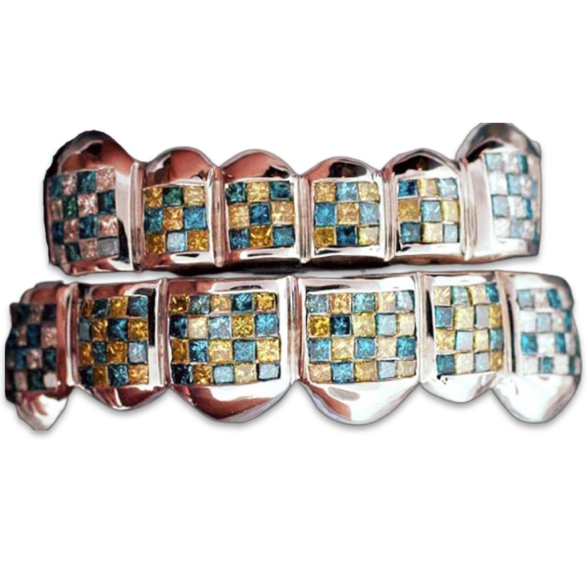 BLUE AND YELLOW CHECKERDBOARD DIAMOND INVISIBLE GRILL [S2117] - Johnny Dang & Co