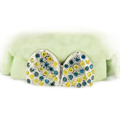 2 Top or 2 Bottom Blue and Yellow Diamond Grillz [S7035] - Johnny Dang & Co