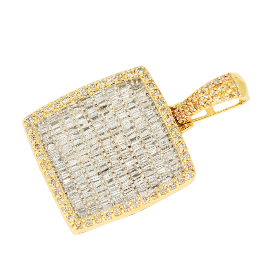 10k Yellow Gold 1.75CTW Round and Baguette Diamond Square Pendant