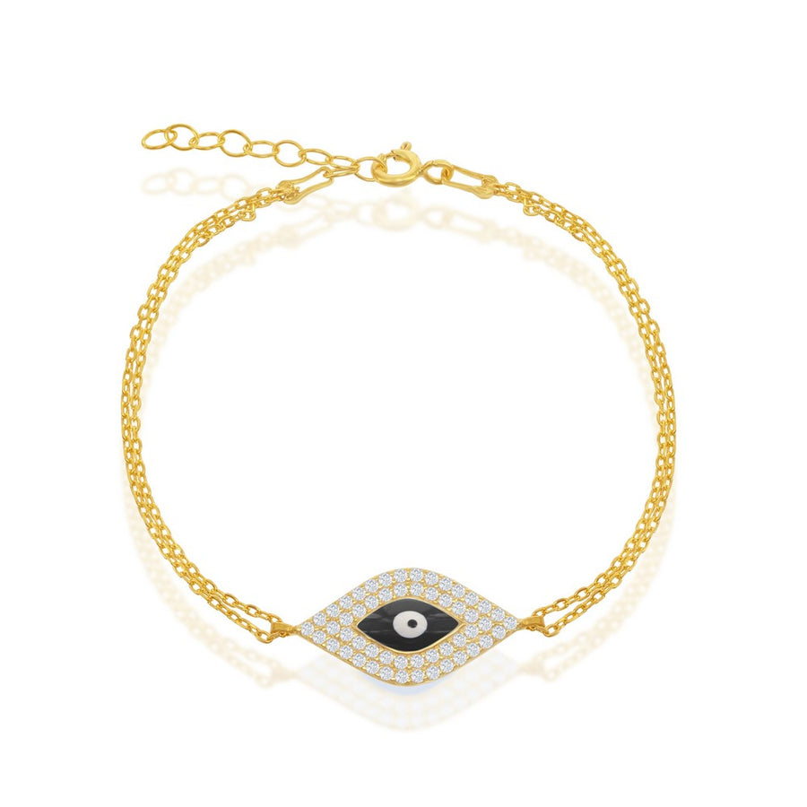 Sterling Silver Double-Strand With  Center CZ and Evil Eye Bracelet - Gold Plated