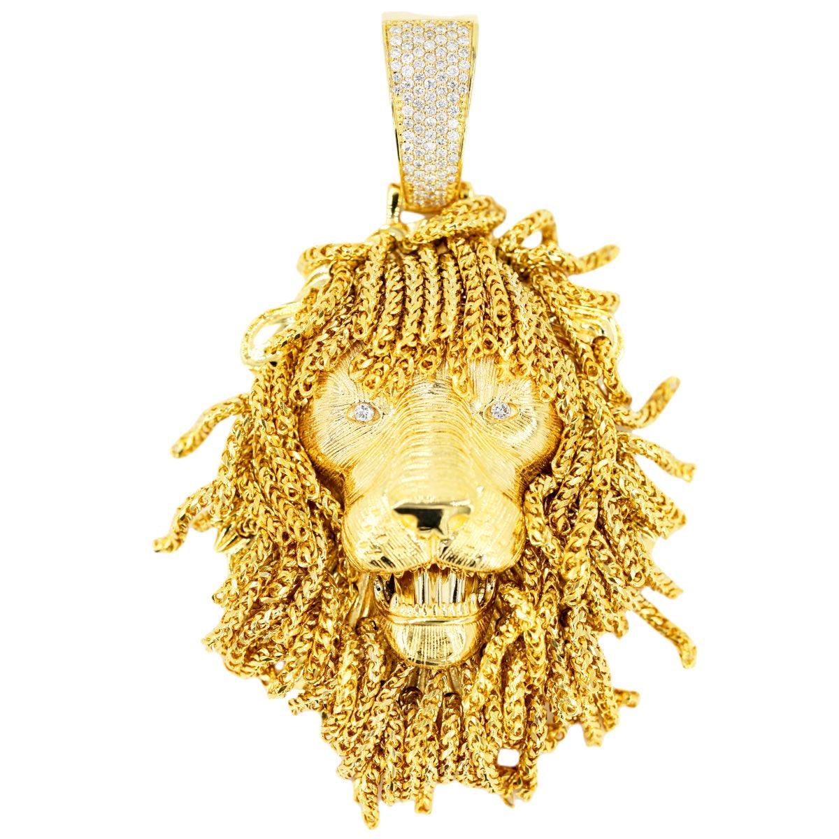 3D 10k Yellow Lion Head with Diamond Eyes and Franco Chain Mane Detailing Pendant 3.0" X 1.5" - Johnny Dang & Co